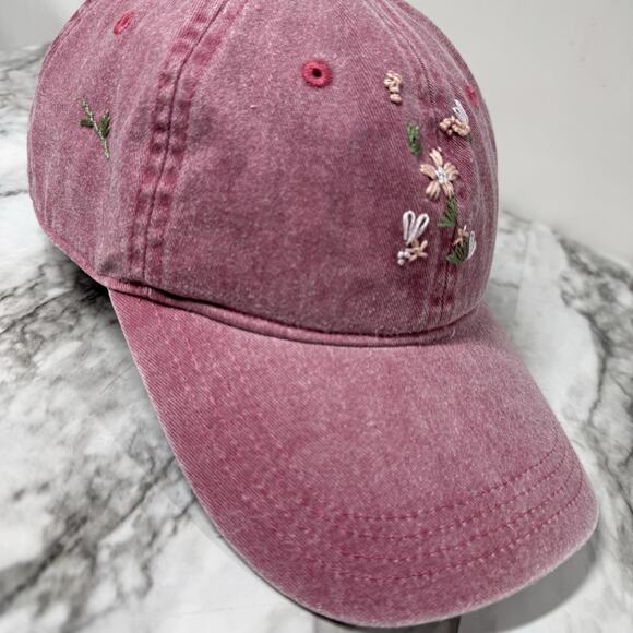 Pink Embroidered Floral Hat Cap Authentic Pigment Adjustable Strap Cotton - Picture 1 of 5